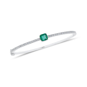 Radiant-Cut Emerald & Diamond Bangle Bracelet - 14K gold weighing 8.67 grams - 38 round diamonds weighing 0.55 carats - 0.74 ct emerald