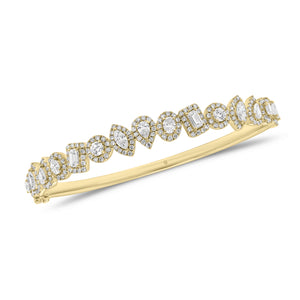 Mixed Shape Halo Diamond Bangle Bracelet - 14K gold weighing 13.30 gram - 15 mixed shape diamonds weighing 1.63 carats - 192 round diamonds weighing 0.88 carats