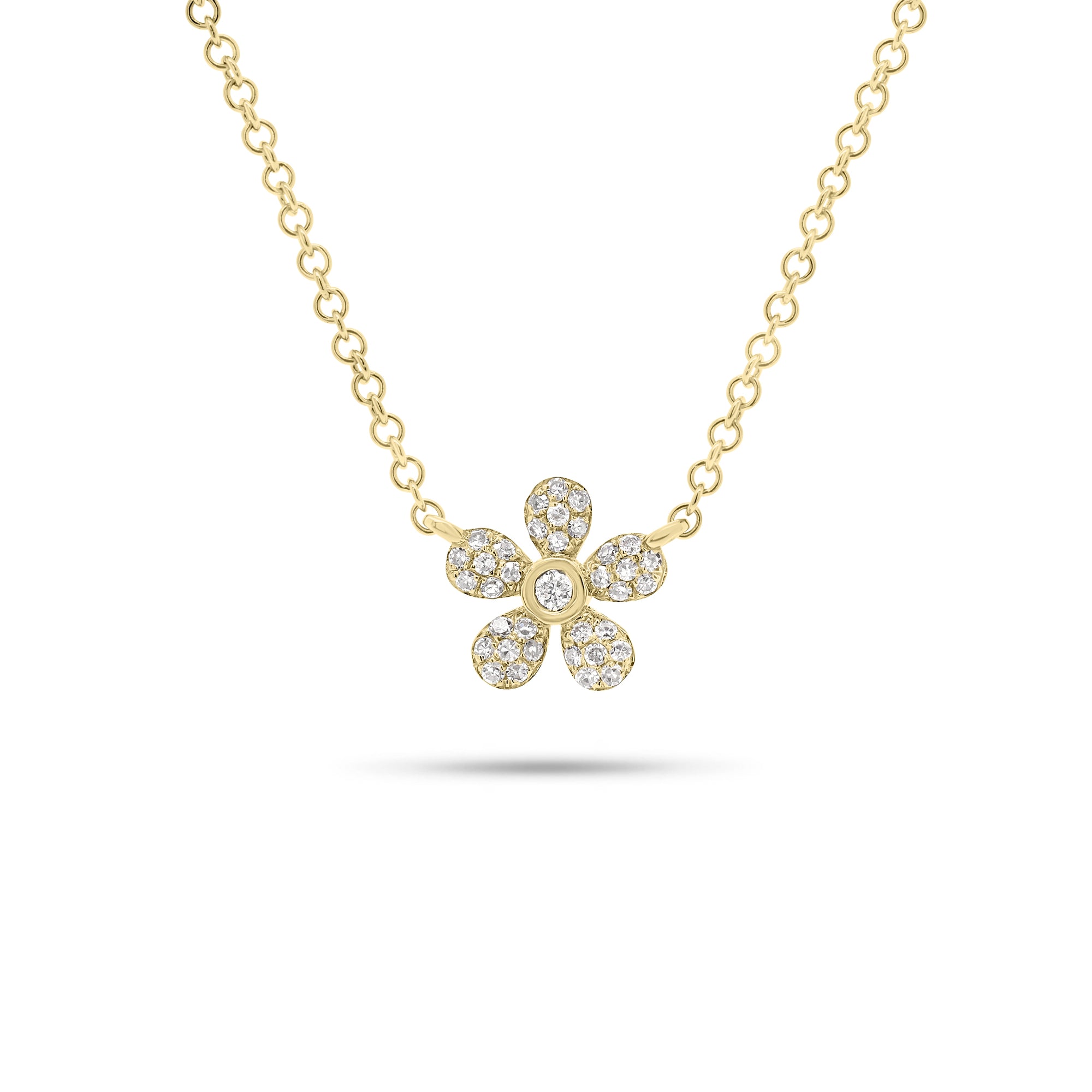 Diamond Daisy Pendant Necklace - 14K gold weighing 1.70 grams - 46 round diamonds weighing 0.11 carats