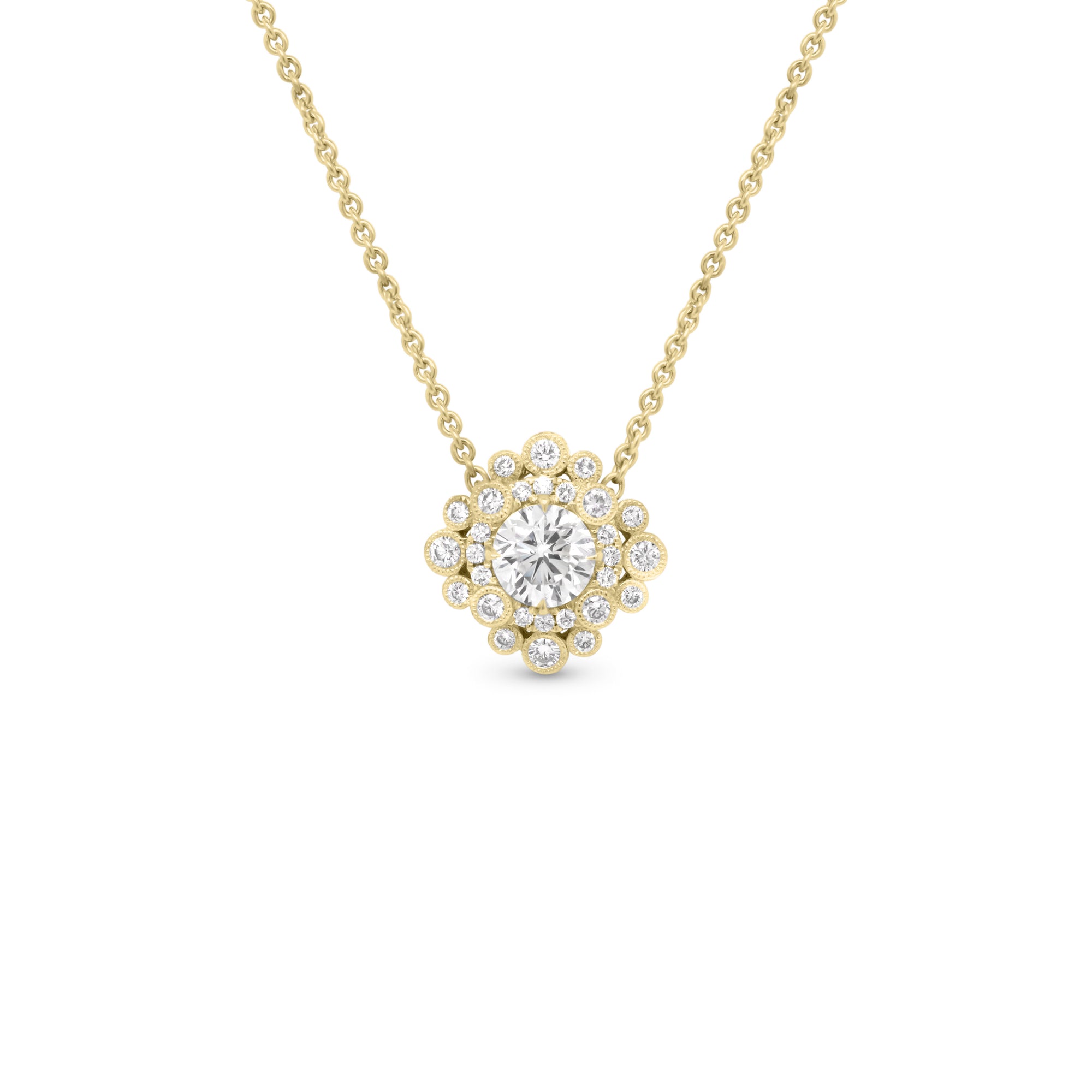 Elaborate Diamond Pendant - 14K gold weighing 5.40 grams  - 1.00 ct round diamond (GIA-graded G-color, I1 clarity)  - 28 round diamonds weighing 0.38 carats