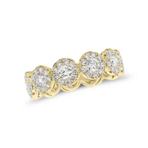 Diamond halo eternity ring -18K gold weighing 3.96 grams -11 round diamonds totaling 1.18 carats -99 round pave-set diamonds totaling 1.06 carats