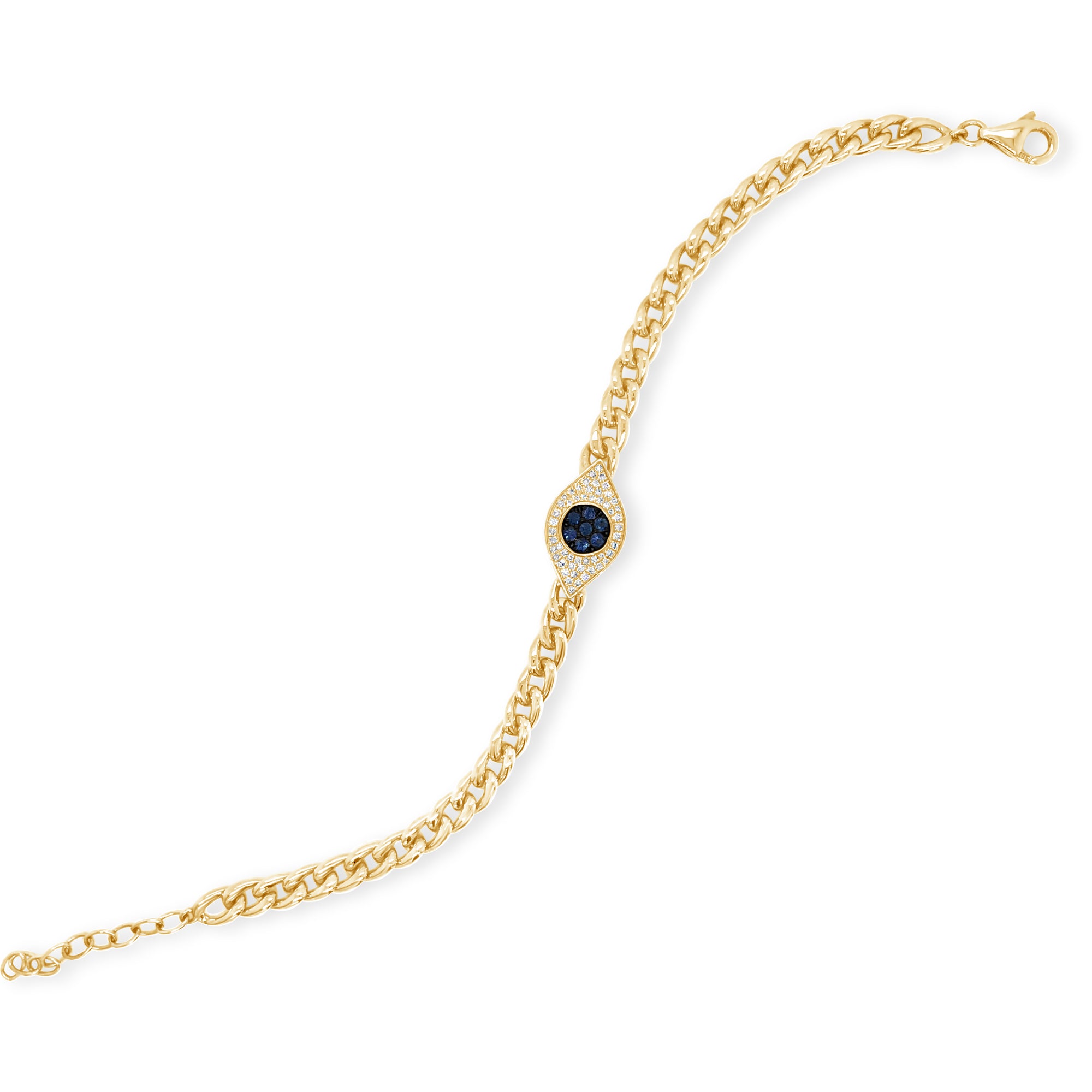 Sapphire & Diamond Evil Eye Curb Chain Bracelet -14K gold weighing 7.35 grams -52 round diamonds totaling 0.14 carats -7 sapphires totaling 0.15 carats