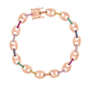 Multicolor Gemstone Tri-Link Bracelet - 14K rose gold weighing 12.77 grams - 70 multicolor gemstones totaling 1.32 carats