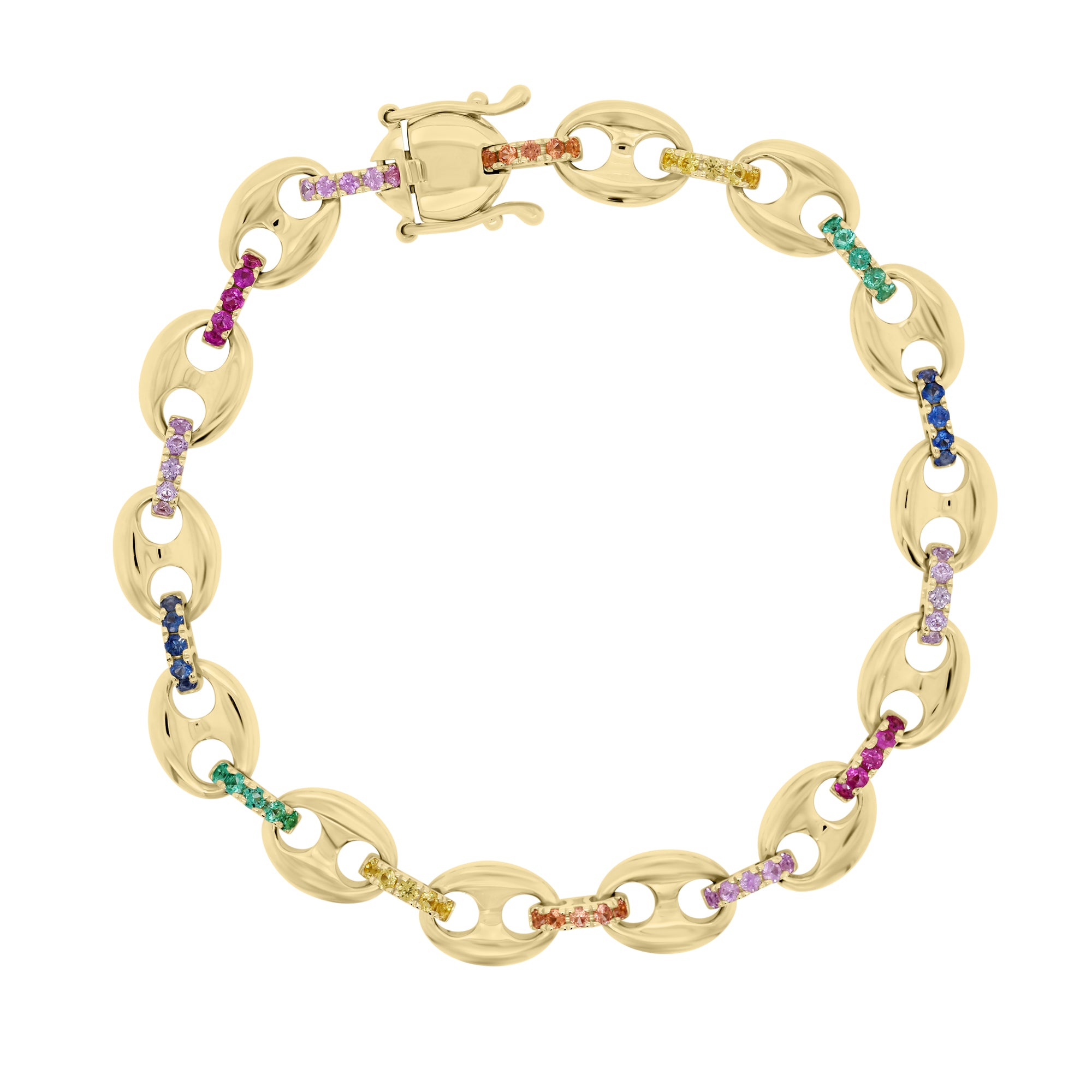Multicolor Gemstone Tri-Link Bracelet - 14K yellow gold weighing 12.77 grams  - 70 multicolor gemstones totaling 1.32 carats