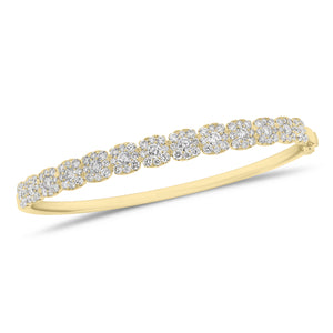 Solid 18K yellow gold weighing 12.93 grams featuring 104 round diamonds weighing 1.58 carats and 13 round diamonds weighing 0.99 carats Halo Diamond Bangle Bracelet | Nuha Jewelers
