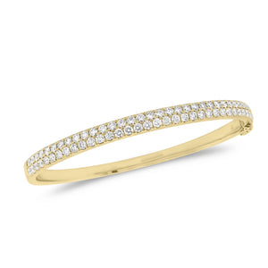 Diamond Double Row Bangle Bracelet  - 14K gold weighing 17.72 grams  - 67 round diamonds totaling 2.20 carats