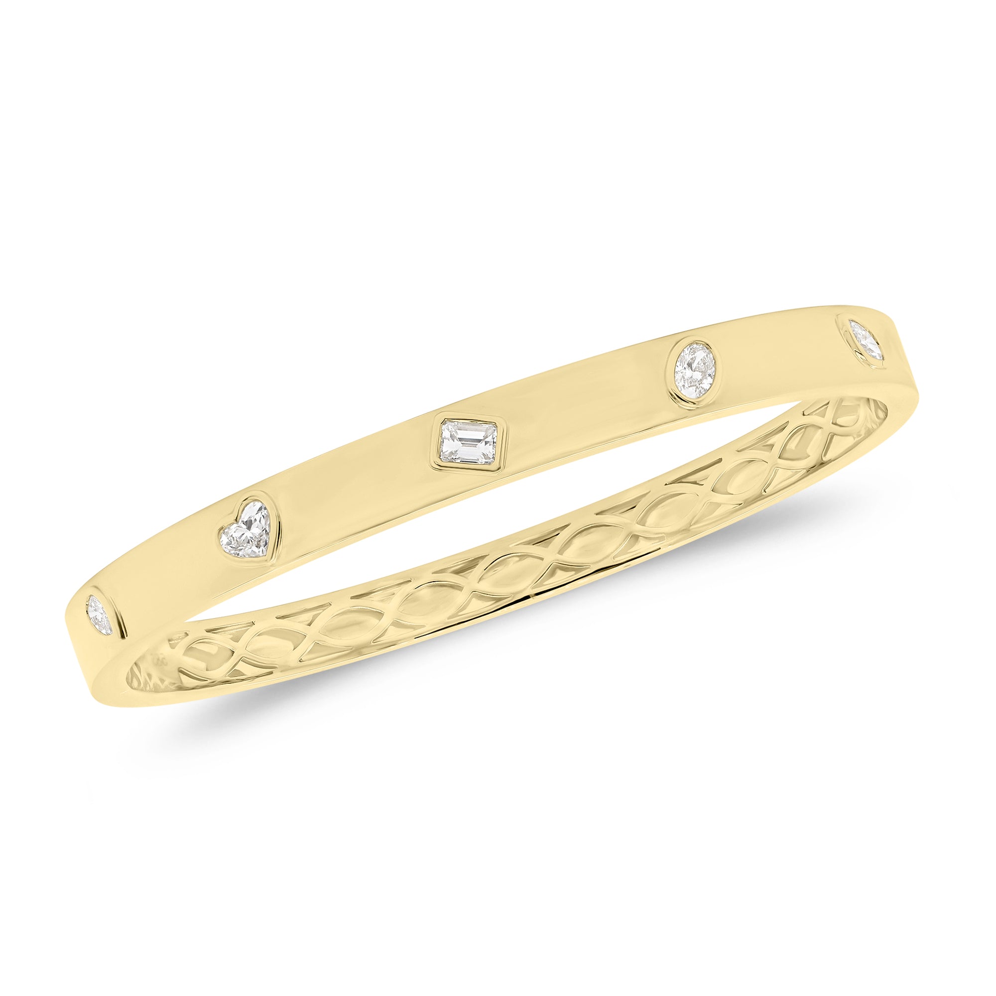 Mixed Shape Diamonds Bangle  -14K gold weighing 17.03 grams  -5 mixed-shape diamonds weighing 0.68 carats (Pear - heart - emerald - oval - marquee)