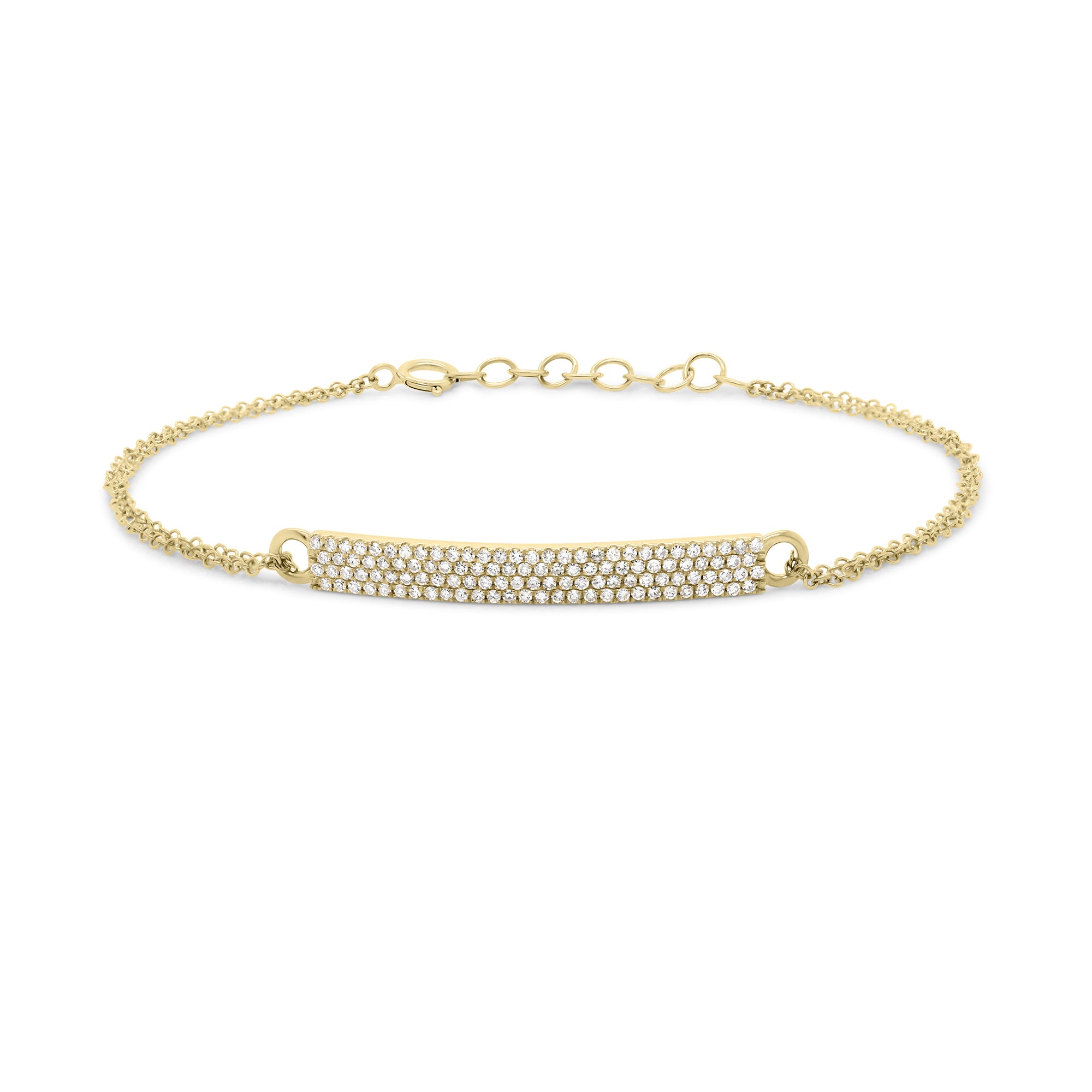 Gold Double Cable Chain Bracelet with Pave Diamond Bar - 14K yellow gold weighing 2.28 grams - 114 round diamonds totaling 0.34 carats