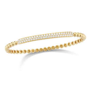 Diamond Bar Beaded Bangle Bracelet -14K gold weighing 9.69 grams -50 round pave-set diamonds totaling 0.88 carats.