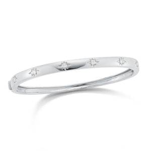 Diamond Starburst Bangle Bracelet -14K gold weighing 11.43 grams -6 round prong-set diamonds totaling .22 carats