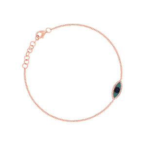 Turquoise, Sapphire & Diamond Evil Eye Bracelet - 14K rose gold weighing 1.5 grams - 0.06 cts round diamonds - 0.04 cts sapphires - 0.16 ct turquoise