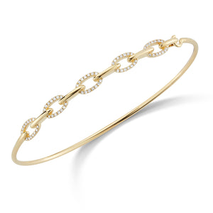 Diamond Half-Way Chain Link Bangle Bracelet  -14K gold weighing 4.82 grams  -70 round pave set diamonds totaling 0.21 carats.
