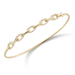 Diamond Half-Way Chain Link Bangle Bracelet -14K gold weighing 4.82 grams -70 round pave set diamonds totaling 0.21 carats.