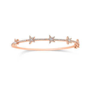 Dainty Diamond Star Bangle Bracelet -14k rose gold weighing 8.28 grams -5 round bezel diamonds weighing 0.15 carats, and 98 round pave set diamonds weighing 0.27 carats