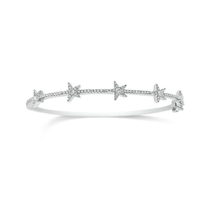 Dainty Diamond Star Bangle Bracelet -14k white gold weighing 8.28 grams -5 round bezel diamonds weighing 0.15 carats, and 98 round pave set diamonds weighing 0.27 carats