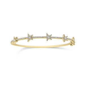 Dainty Diamond Star Bangle Bracelet -14k yellow gold weighing 8.28 grams -5 round bezel diamonds weighing 0.15 carats, and 98 round pave set diamonds weighing 0.27 carats