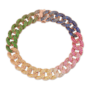 Rainbow Sapphire Curb Chain Bracelet - 14K gold weighing 25.78 grams - 684 sapphires weighing 8.11 carats