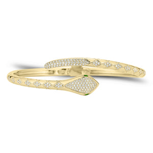 Diamond and Tsavorite Serpent Bangle Bracelet - 14K gold weighing 17.88 grams - 166 round diamonds weighing 0.85 carats