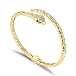 Diamond and Tsavorite Serpent Bangle Bracelet - 14K gold weighing 17.88 grams - 166 round diamonds weighing 0.85 carats