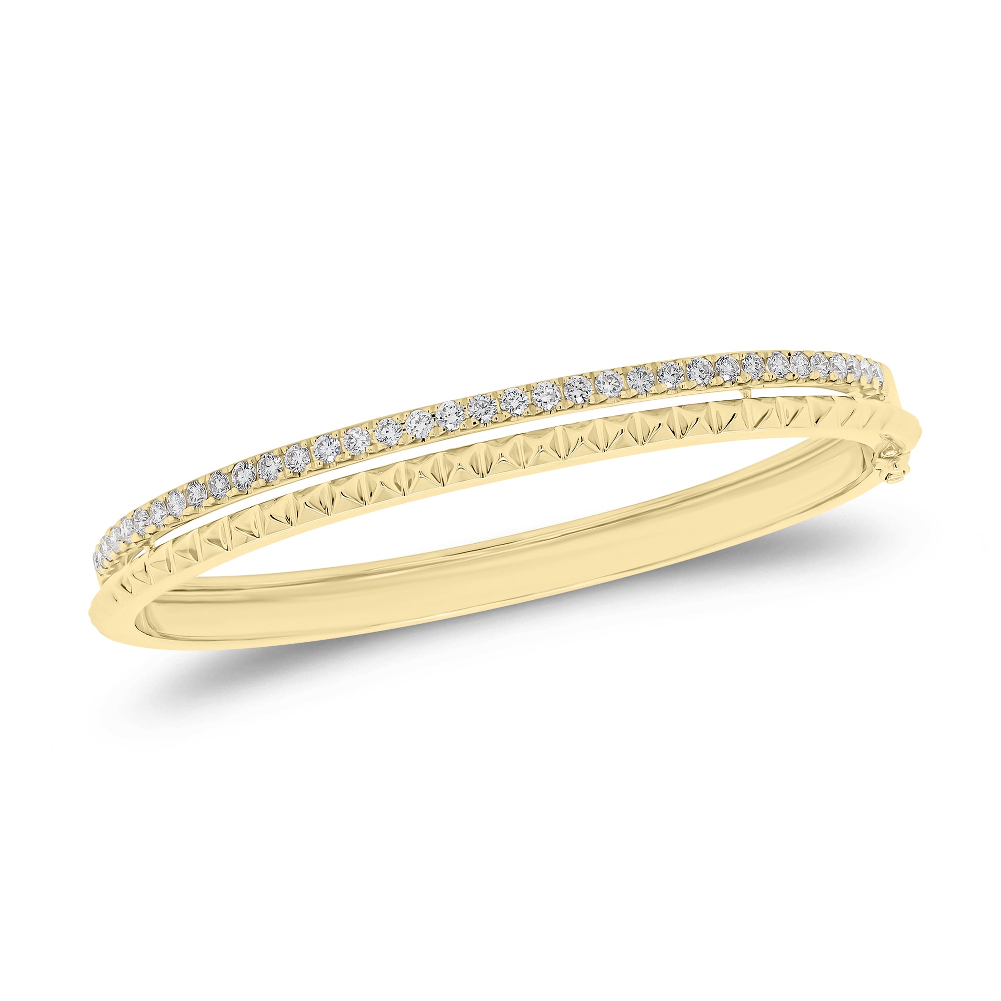 Solid 14K yellow gold weighing 16.06 grams featuring 35 round diamonds weighing 0.97 carats Diamond & Gold Pyramid Bangle | Nuha Jewelers