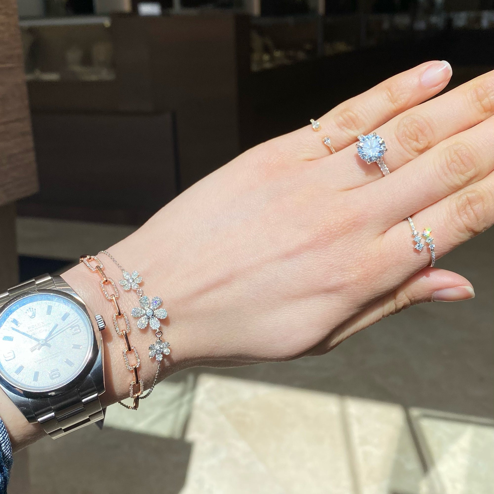 Diamond Daisy Trio Fashion Bracelet - 14K white gold weighing 3.0 grams - 105 round diamonds totaling 0.42 carats