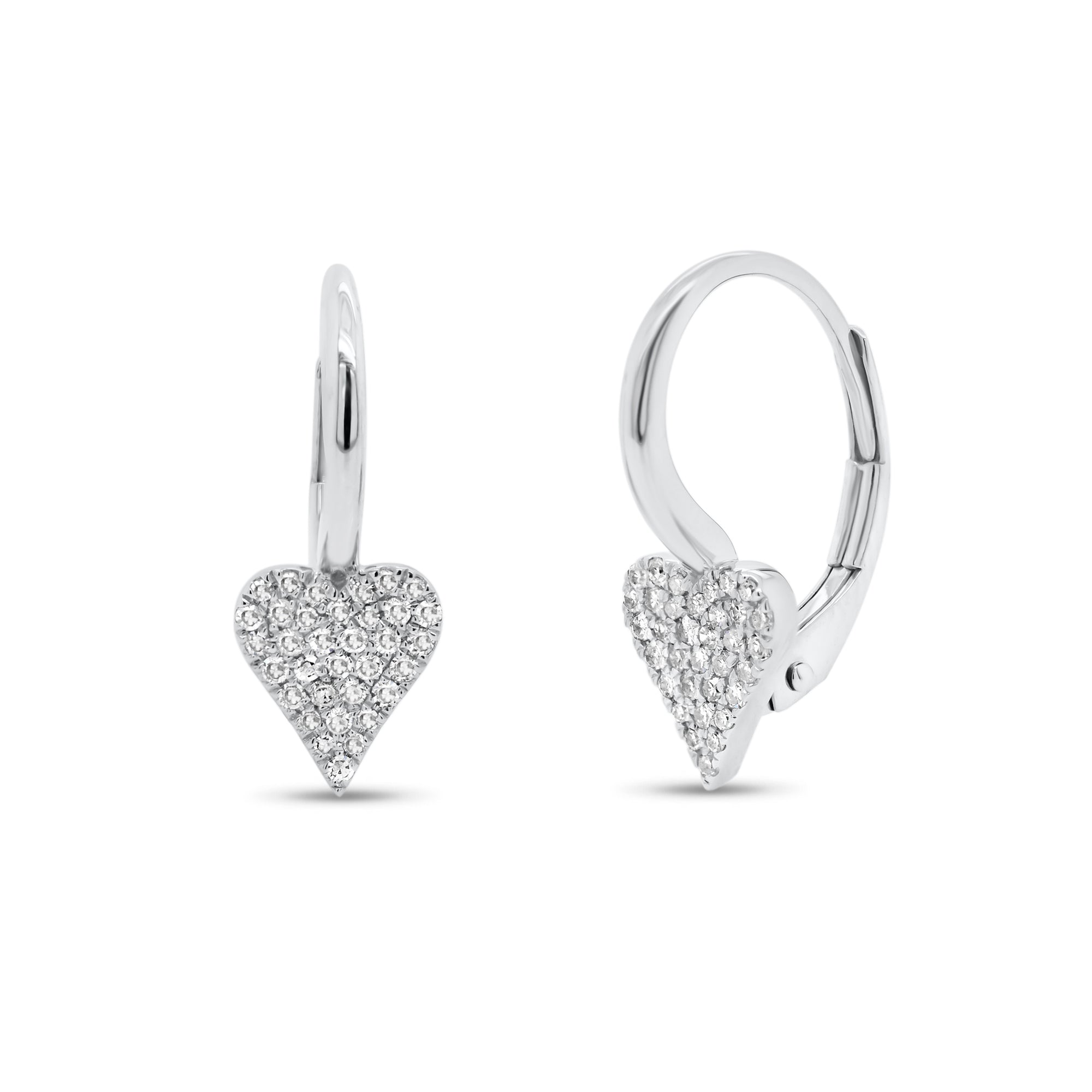 Pave Diamond Heart Lever-Back Earrings  - 14K gold weighing 1.88 grams  - 68 round diamonds totaling 0.20 carats