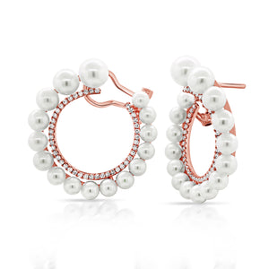 Pearl & Diamond front-facing hoop earrings - 14K gold weighing 3.48 grams  - 86 round diamonds totaling 0.27 carats  - 32 pearls