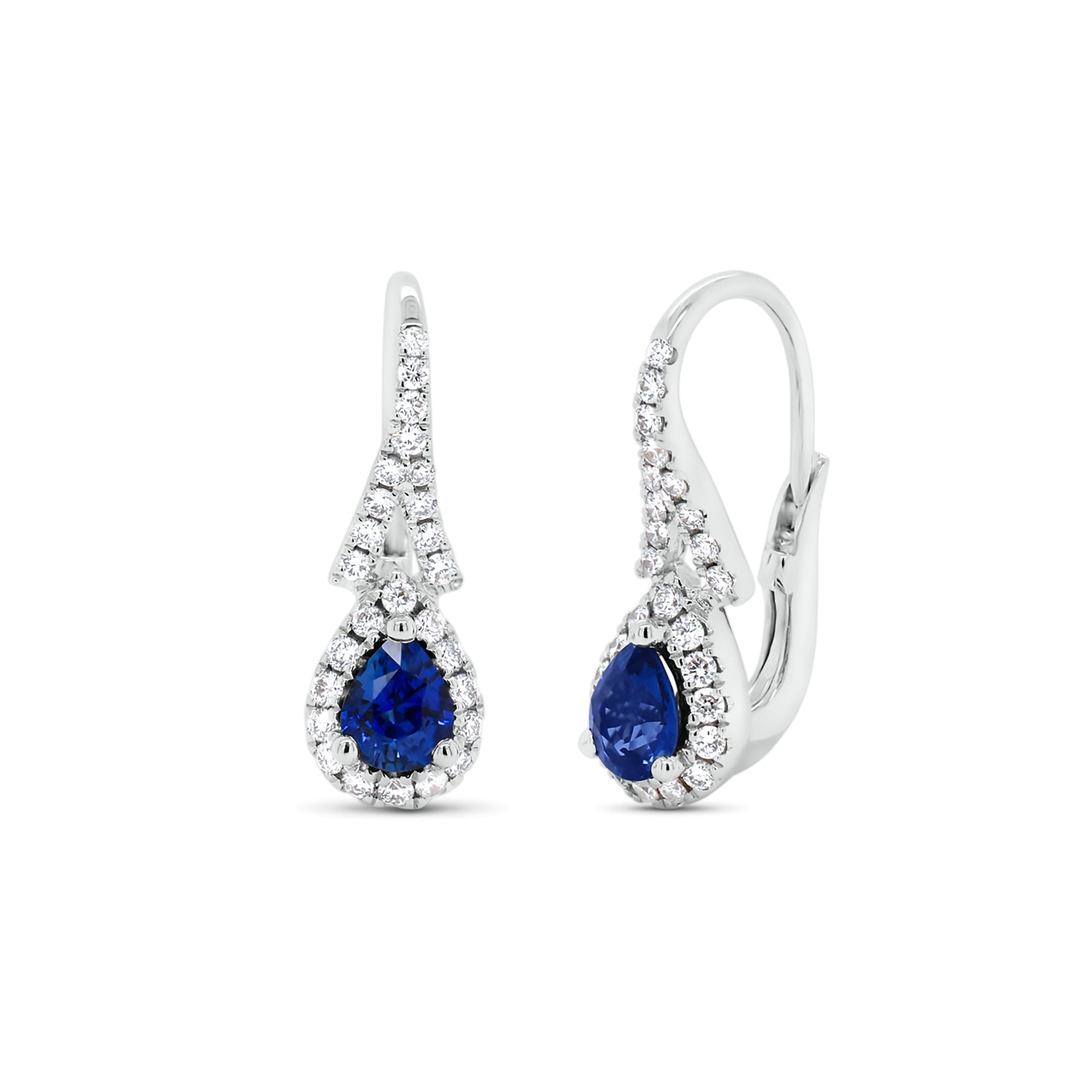 Sapphire Teardrop Lever-Back Earrings  - 18K gold weighing 3.29 grams  - 52 round diamonds totaling 0.33 carats  - 2 pear-shaped sapphires totaling 0.71 carats