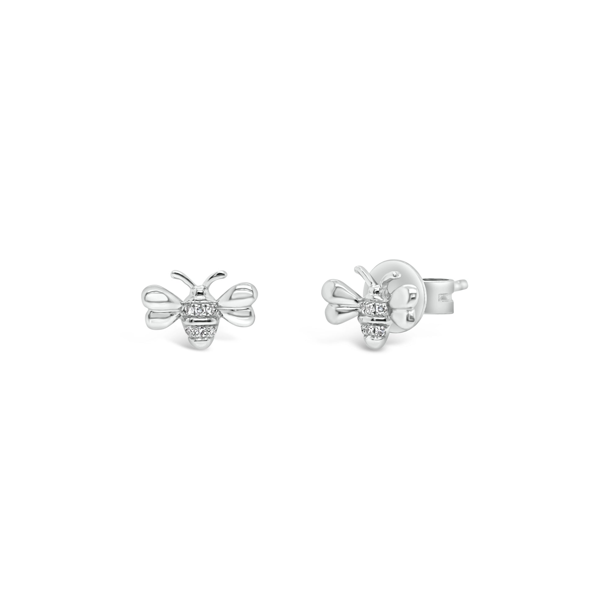 Diamond Bee Stud Earrings - 14K white gold weighing 1.03 grams - 12 round diamonds totaling 0.02 carats.