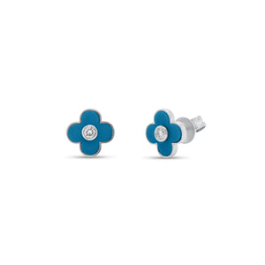 Turquoise Diamond Clover Stud Earrings - 14K white gold weighing 1.58 grams - 2 round diamonds totaling 0.08 carats