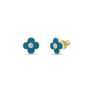 Turquoise Diamond Clover Stud Earrings - 14K yellow gold weighing 1.58 grams - 2 round diamonds totaling 0.08 carats