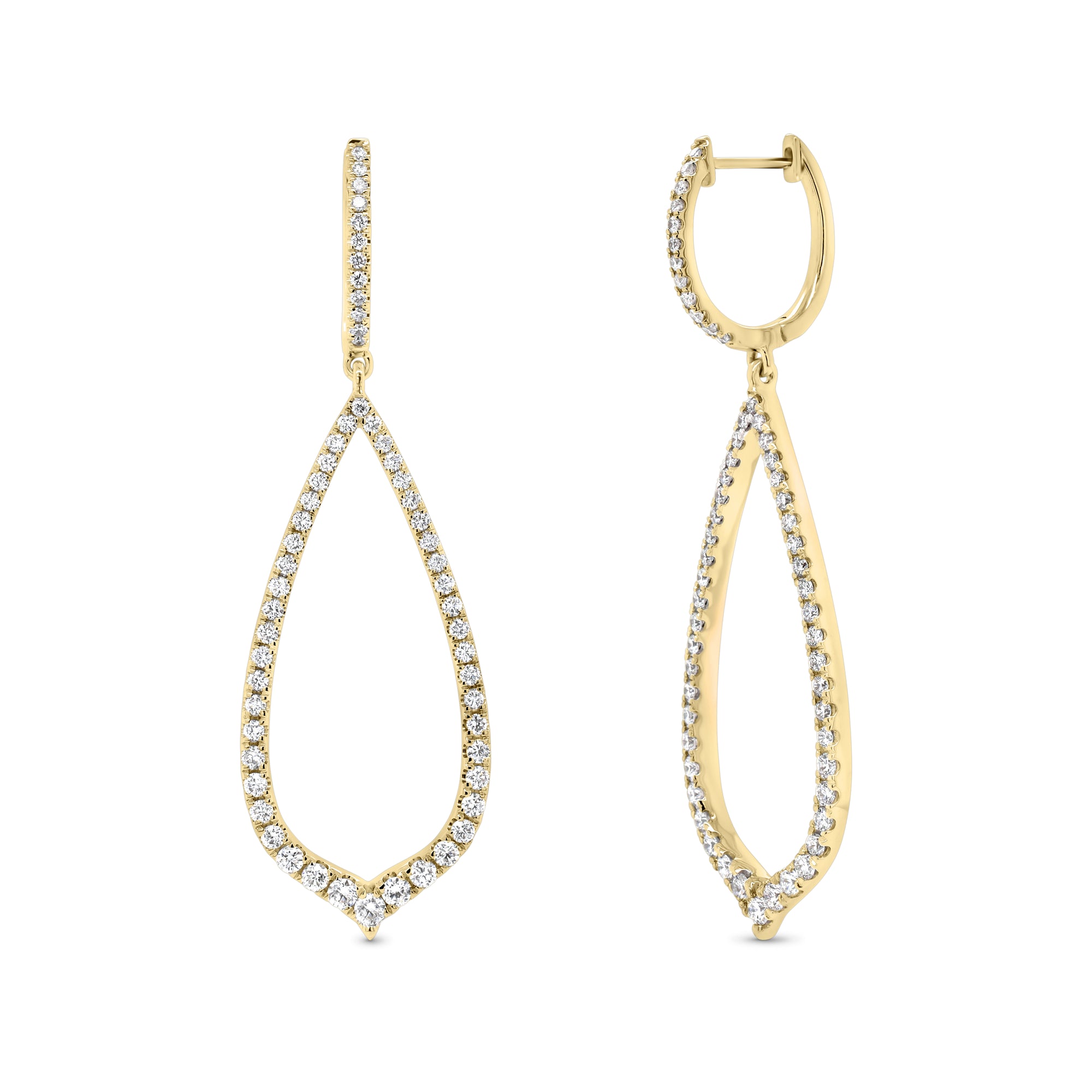 Diamond Arabesque Drop Earrings  - 18K gold weighing 6.58 grams  - 116 round diamonds totaling 1.22 carats