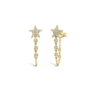 Diamond Star Chain Link Earrings - 14K yellow gold weighing 1.89 grams - 10 round diamonds totaling 0.16 carats - 52 pave diamonds totaling 0.11 carats