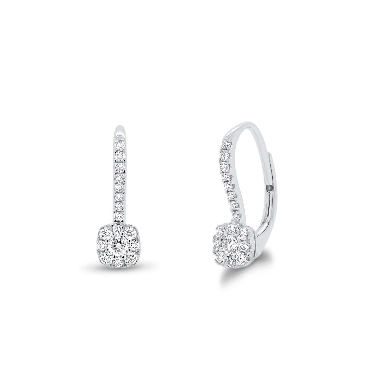 Diamond Cushion-Shaped Lever-Back Earrings  - 18K gold weighing 1.70 grams  - 34 round diamonds totaling 0.32 carats