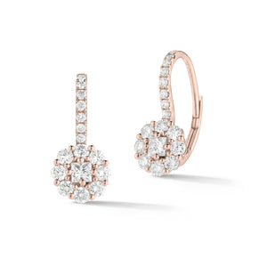 Diamond Halo Lever-Back Earrings  -18K gold weighing 2.07 grams  -30 round shared prong-set diamonds totaling 0.64 carats  -2 princess cut diamonds totaling 0.20 carats.