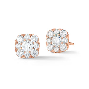 cushion diamond halo stud earrings 18k gold, 2.27 grams, 2 round shared prong-set brilliant diamonds .51 carats, 16 round shared prong-set brilliant diamonds .84 carats.
