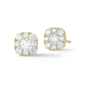 cushion diamond halo stud earrings 18k gold, 2.27 grams, 2 round shared prong-set brilliant diamonds .51 carats, 16 round shared prong-set brilliant diamonds .84 carats.