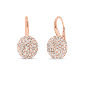 Diamond Domed Lever-Back Earrings.  -18K rose gold weighing 6.42 grams  -190 round pave set diamonds totaling 2.23 carats