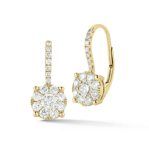 Diamond Round Halo Lever-Back Earrings  -18K gold weighing 2.52 grams  -2 round diamonds totaling 0.34 carats  -30 round diamonds totaling 0.55 carats