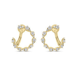 Diamond teardrops front-facing hoop earrings - 14K yellow gold weighing 3.76 grams  - 8 round diamonds totaling 0.38 carats  - 28 round diamonds totaling 0.36 carats