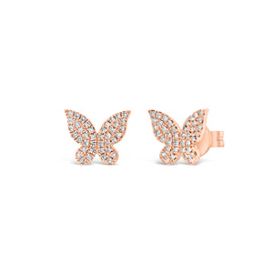 Pave Diamond Butterfly Stud Earrings - 14K rose gold weighing 1.12 grams - 72 round diamonds totaling 0.16 carats.