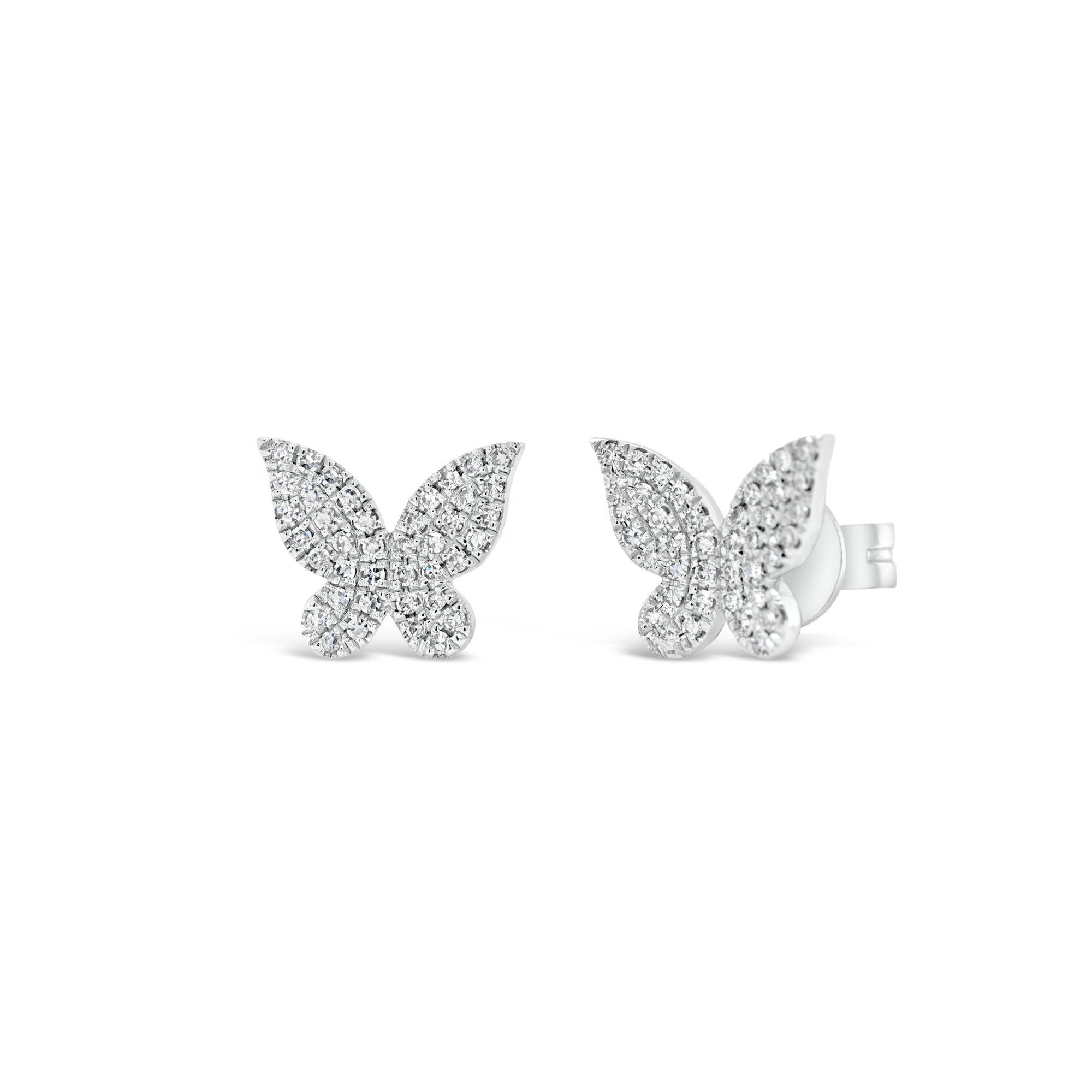 Pave Diamond Butterfly Stud Earrings - 14K white gold weighing 1.12 grams - 72 round diamonds totaling 0.16 carats.