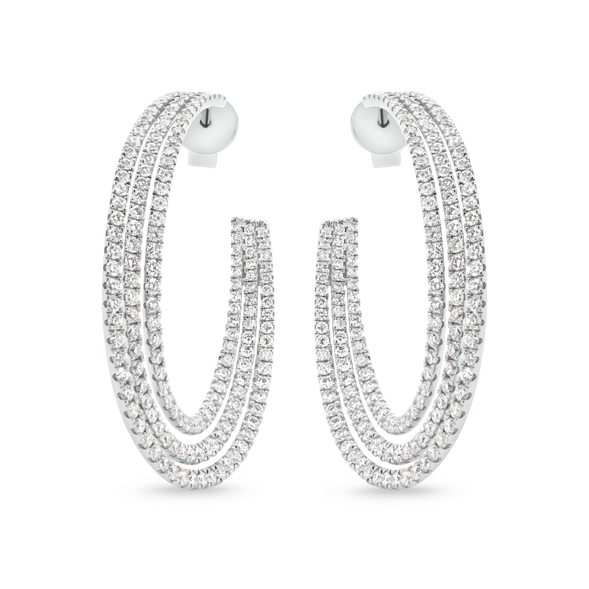 diamond triple row open hoop earrings -18K gold weighing 10.50 grams  -3.14 total carat weight