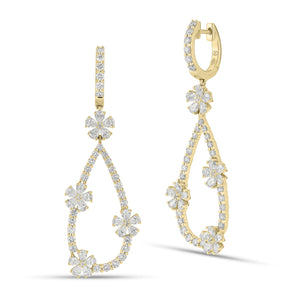 Diamond Flower Teardrop Hoop Earrings - 18K gold weighing 8.02 grams  - 66 round diamonds weighing 1.36 carats  - 40 pear-shaped diamonds weighing 1.98 carats