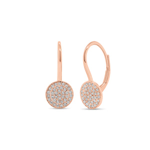 Pave diamond disc lever-back earrings - 14K gold weighing 1.55 grams - 76 round diamonds weighing 0.22 carats