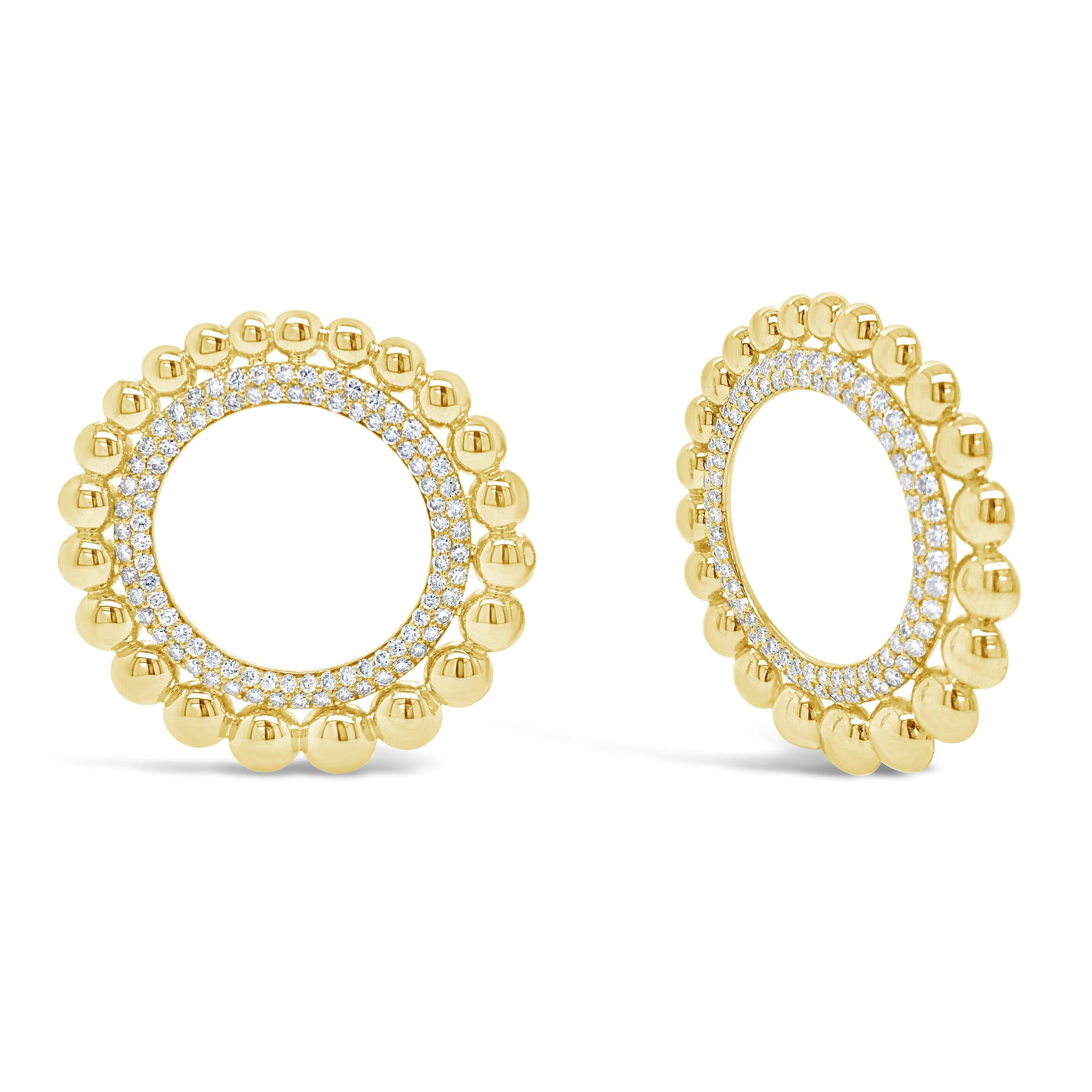 Diamond & Gold Beaded Circle Earrings  -14K gold weighing 14.2 grams  -188 round diamonds totaling 3.00 carats