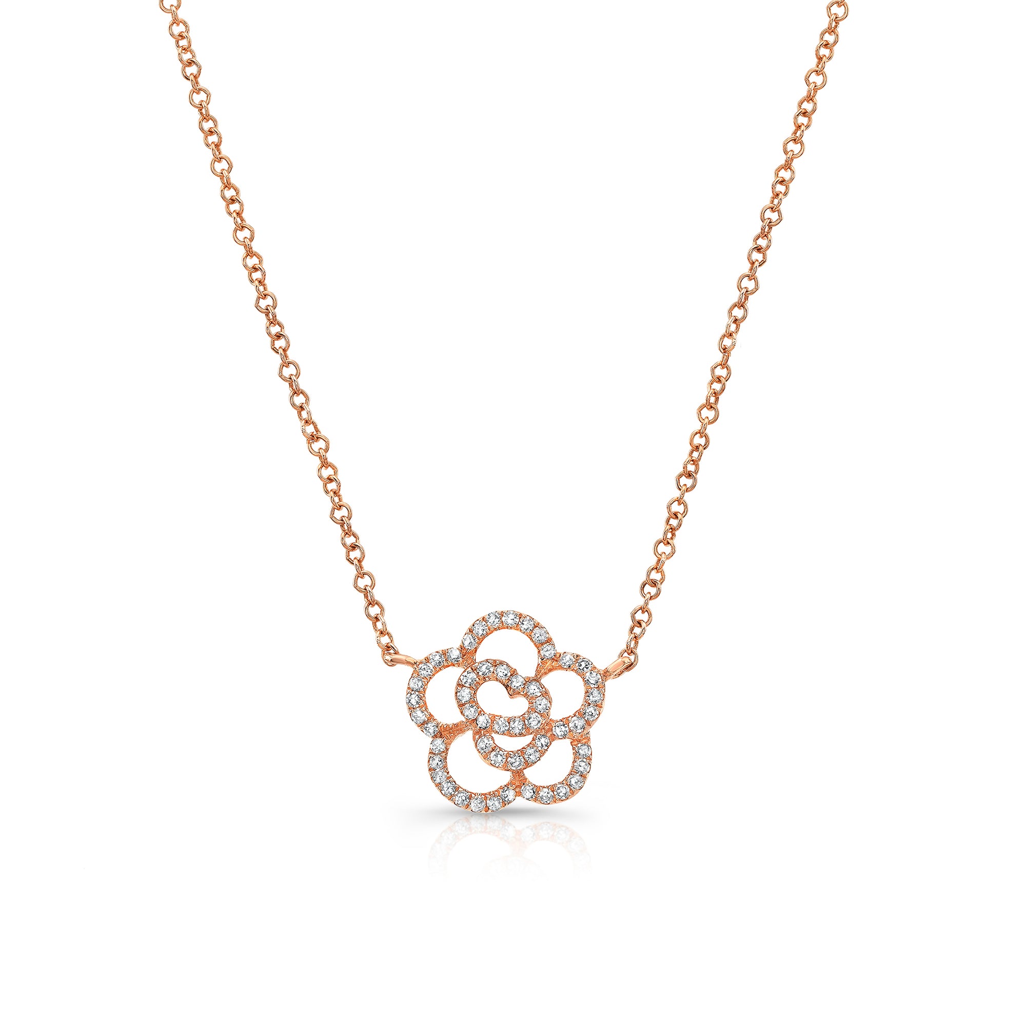 Diamond Flower Outline Pendant Necklace  -14K gold weighing 2.00 grams  -52 round pave-set diamonds totaling 0.16 carats
