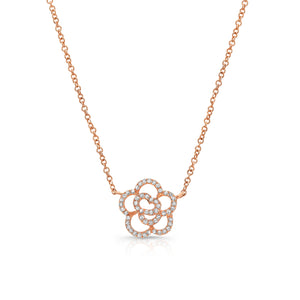Diamond Flower Outline Pendant Necklace  -14K gold weighing 2.00 grams  -52 round pave-set diamonds totaling 0.16 carats