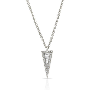 Baguette Diamond Spike Pendant Necklace -14K white gold weighing 2.00 grams -32 round diamonds weighing .08 carats -7 diamond baguettes totaling 0.10 carats