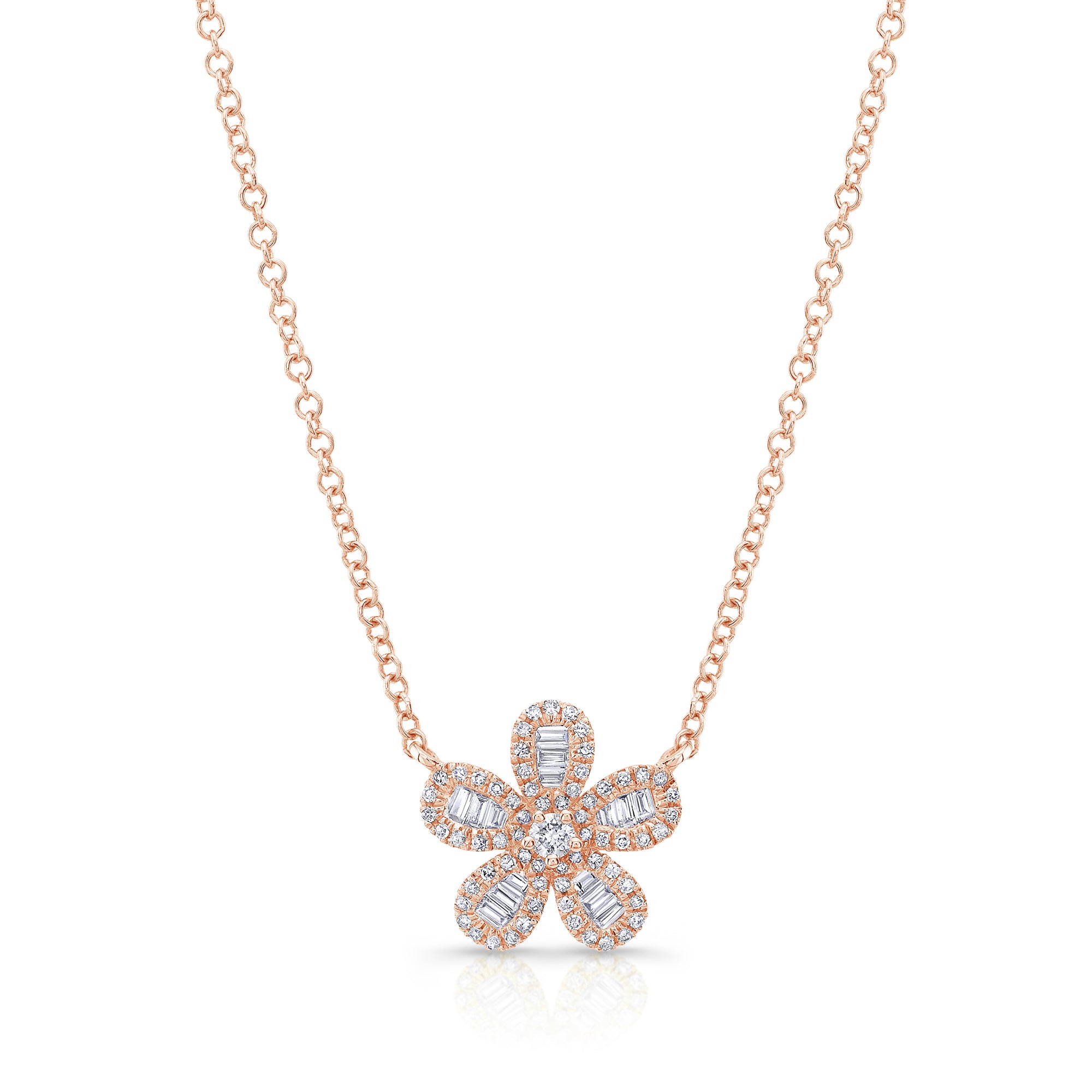 Diamond Baguette Flower Pendant Necklace -14k yellow gold weighing 1.90 grams -66 round diamonds weighing .18 carats -24 straight baguettes weighing .14 carats